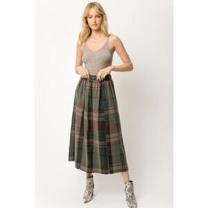 NWT Mystree Olive Mix Acid Wash Plaid Button Maxi Cotton Skirt Brown Green Sz L